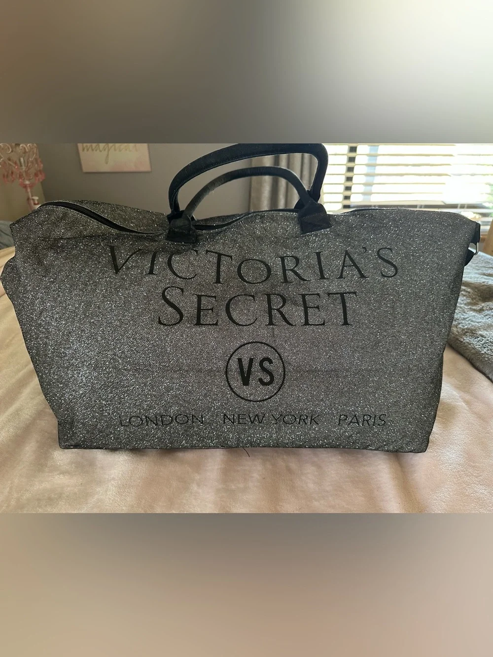 Victoria's Secret Glitter Tote in Silver and Black